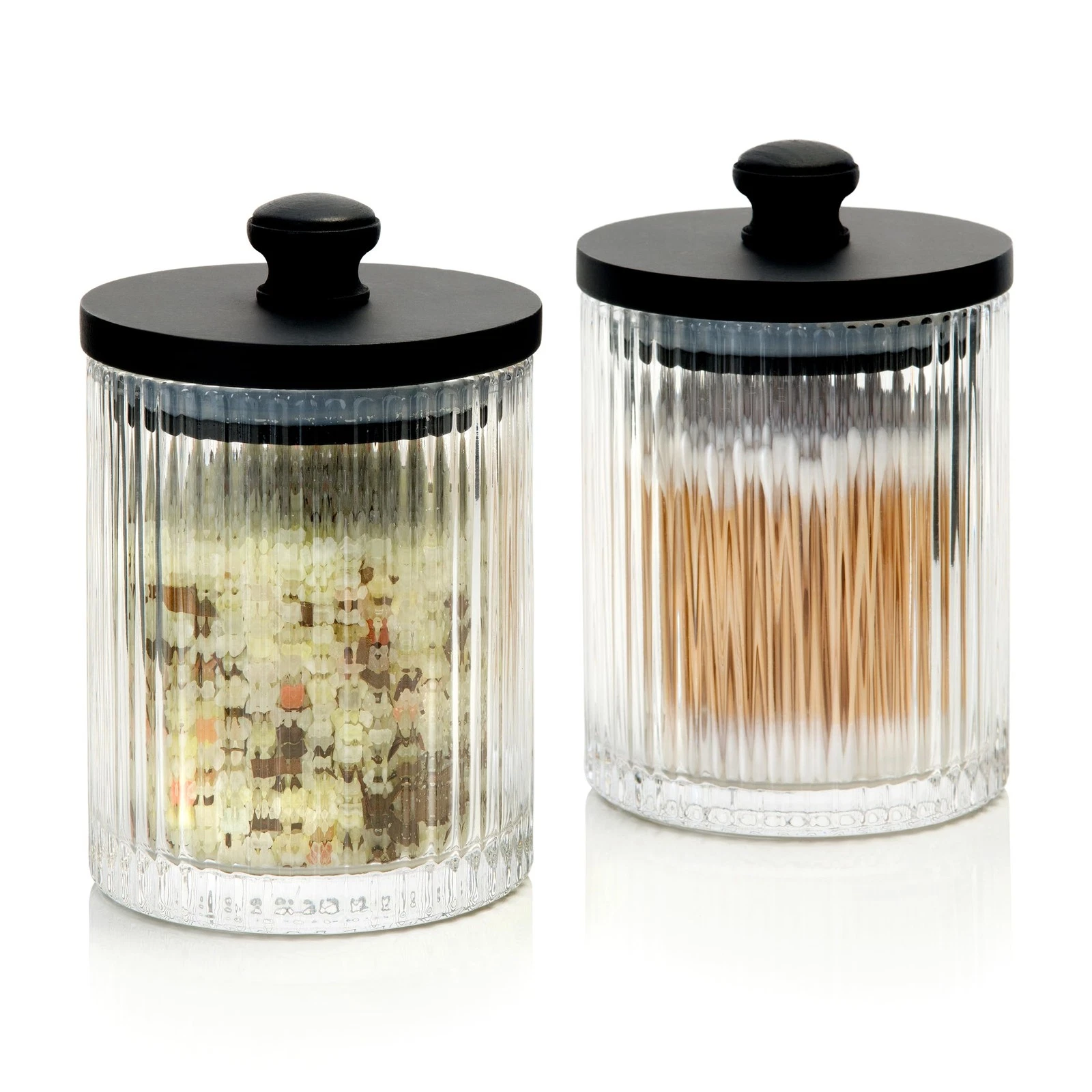 Ribbed Glass Bathroom Jars | Set of 2 Farmhouse Style Storage Canister with A...