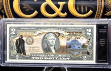 $2 Bill 🏛️ Thomas Jefferson Memorial Colorized Note Slabbed UNC 🇺🇸
