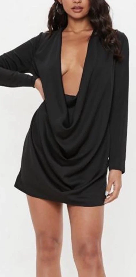 Missguided Peace & Love Satin Cowl Deep V-neck Black Mini Satin Dress US 8 NWOT - Image 3 of 4