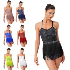 Womens Dress Sheer Dancewear Carnival Bodysuit Leotard Tango Chacha Rhinestone
