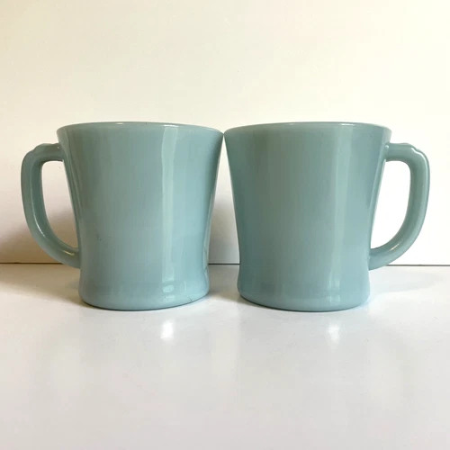 Vintage Fire-King Oven Ware Turquoise Blue Milk Glass Coffee Cups Mugs Near Mint