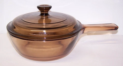 Vintage Vision Corning Ware Amber Brown 0.5 L Sauce Pan Pot With Pyrex Lid USA!