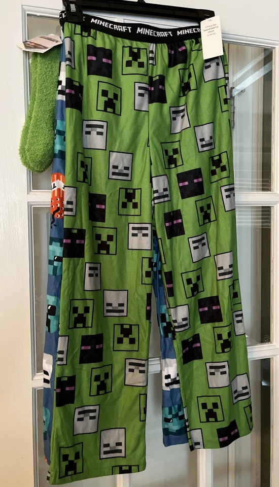 Juego de 3 pijamas Minecraft (2) pantalones (1) calcetines niños L 10/12 azul verde enredadera Foto 2 de 4