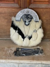 Scottish White Fur Stag head Badge Leather Kilt Sporran With Chain Belt