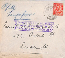 GB KGV DOWNEY USED *SINGAPORE* Cover FORWARDED India Paquebot? 1913 London WM125