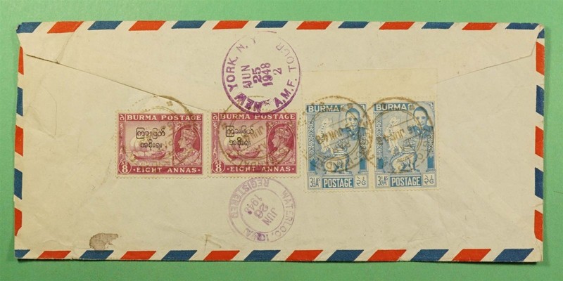 DR WHO 1948 BURMA OVPT REGISTERED ZEGYO MANDALAY AIRMAIL TO USA R71404