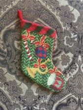 Vintage Needlepoint Christmas Stocking 12” Red Velvet Back