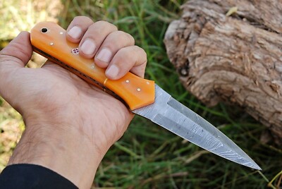 CUSTOM HAND FORGED DAMASCUS STEEL DAGGER BOOT KNIFE W/CAMEL BONE HANDLE AH-1500