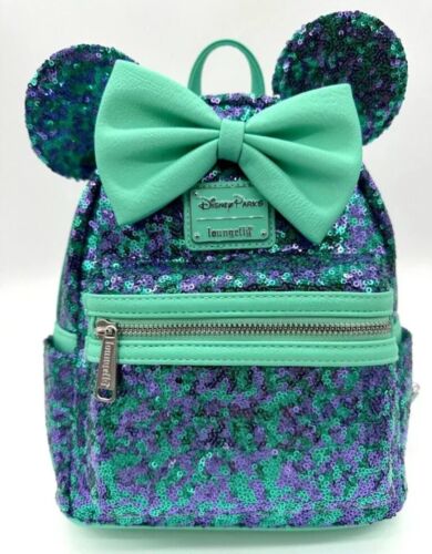 2024 Disney Parks LoungeFly Purple & Teal Sequin Minnie Mouse Mini Backpack NWT - Afbeelding 1 van 3