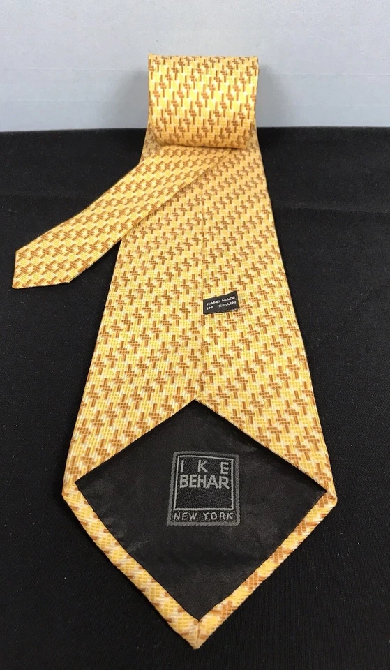Мужской винтажный шелковый галстук IKE Behar New York Spain 3,75 дюйма/60 дюймов золотисто-желтый с медным гео - Изображение 3 из 4