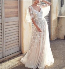 Women's Sexy Deep V Open Back Lace Flared Evening Long Dress Cocktail Prom 8233