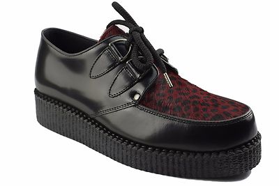 Steel Ground Shoes Black Leather Red Leopard Hair Creepers  display picture 3