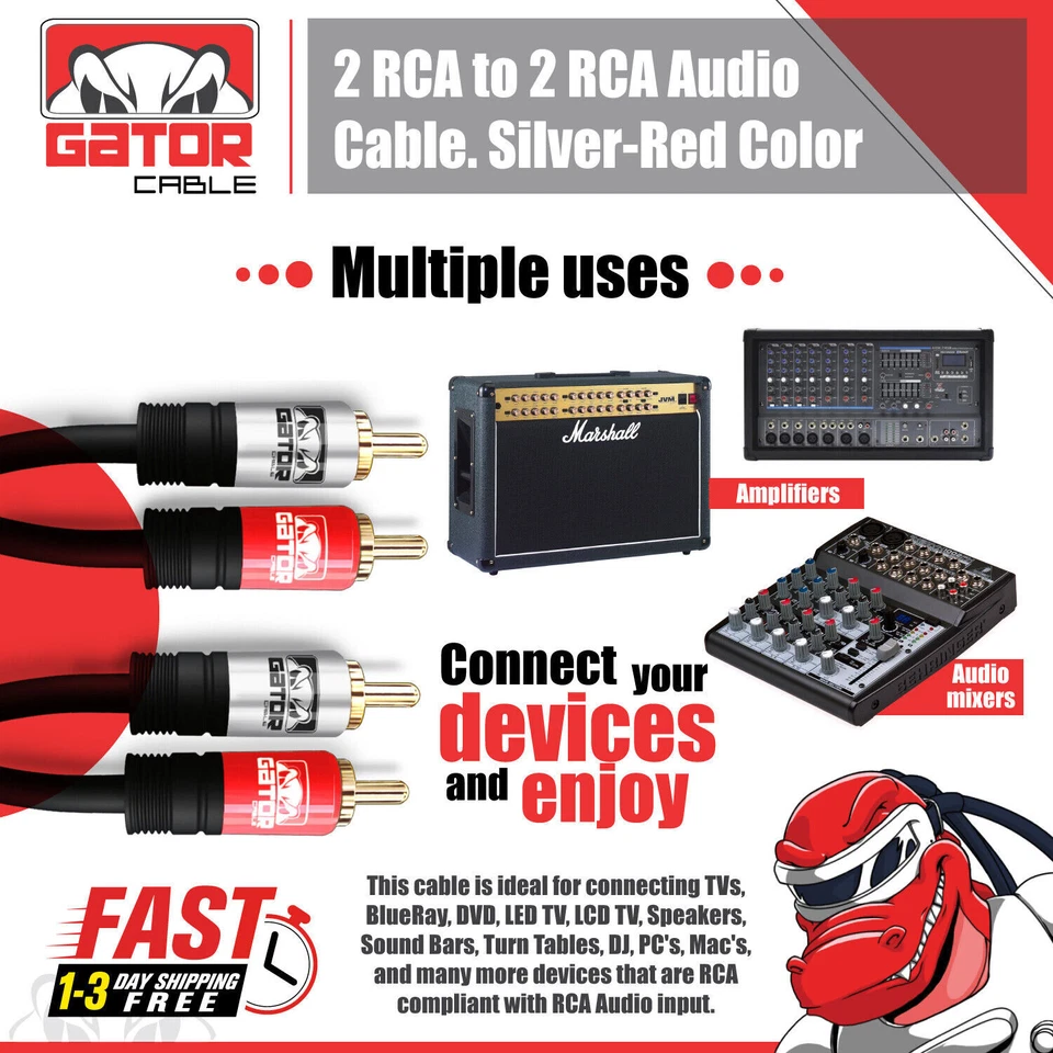 2-RCA to 2-RCA Cable Male Stereo Audio Patch Coaxial Cord L/R Gold Plated Plug - Image 4 of 4