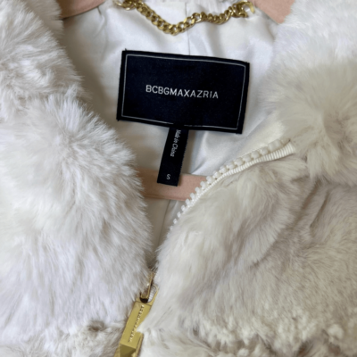 BCBGMAXAZRIA Womens White Missy Grooved Faux Fur Full Zip Hooded