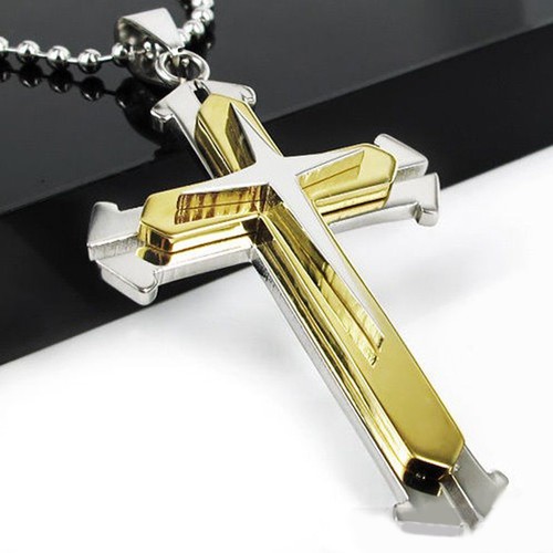 Stainless Steel Cross Pendant With Chain Men Metal Gold/Silver Plated Necklace - Picture 7 of 15