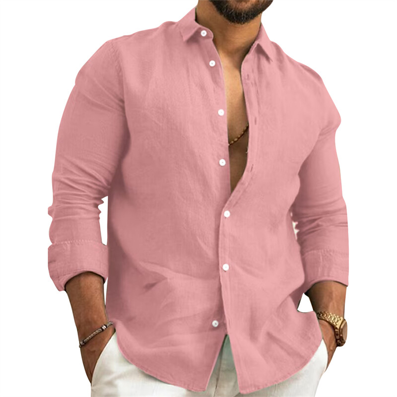 Men's Linen Button-Up Shirt Long Sleeve – Lightweight Cotton Beach Casual Top – Summer Fashion In Pink XX-Large