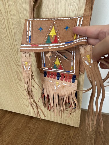 Vintage Moroccan Tan Leather Craft Fringed Tassel Boho Hippie Shoulder Bag - Picture 4 of 6