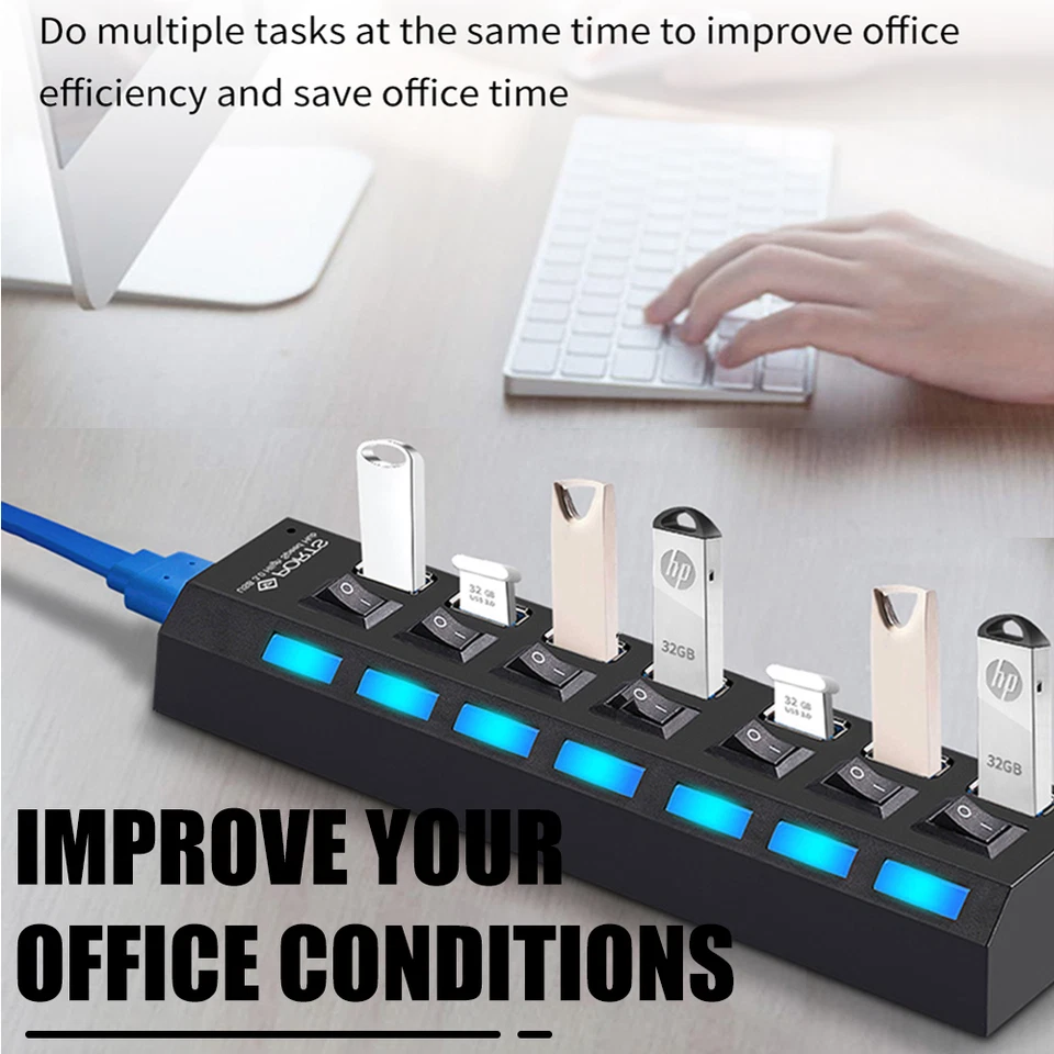 US 7 Port USB 2.0 Hub LED Powered High Speed Splitter Extender Multi Adapter - Image 3 of 4