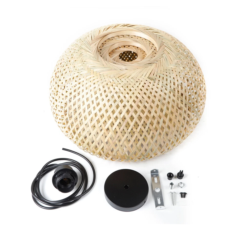 Vintage Bamboo Wicker Rattan Lantern Pendant Light Hanging Ceiling Lamp Fixture - Image 3 of 4