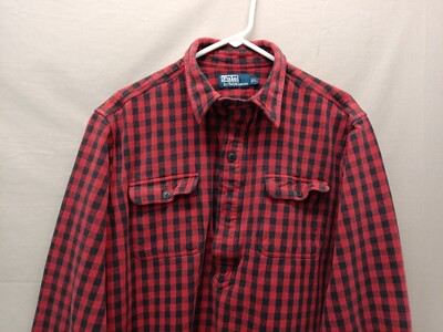 Men's Polo Ralph Lauren Red Buffalo Plaid 1/4 Button Chin Strap Flannel Shirt L