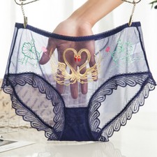 3PCS Damen Stickerei Blumen Spitze Durchsichtig Slip Sexy Unterwäsche Lingerie