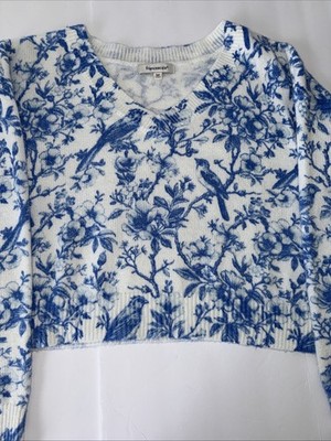 Francesca s Blue Toile Floral Bird Cropped Sweater Size Small NWOT