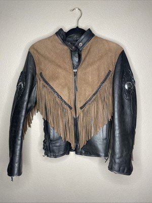 Unik Vintage Women s Leather Fringe Zip Up Brown & Black Motorcycle Jacket