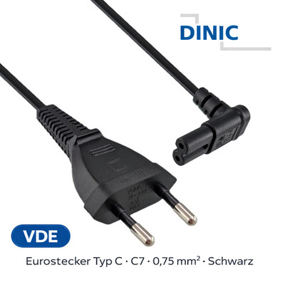 Netzkabel Eurostecker-IEC C7 Euro8 90° Winkel oben/unten VDE, schwarz, DINIC, 2m