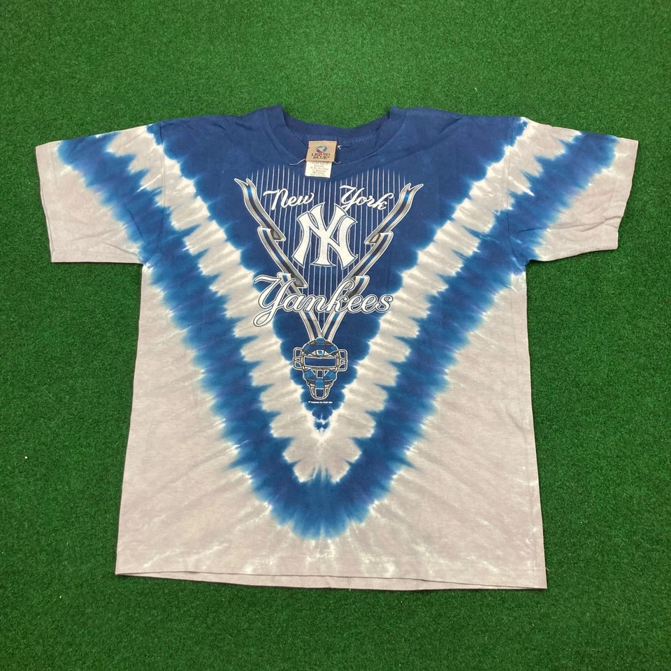 Винтажная Жидкая Синяя Рубашка New York Yankees Мужская M Синяя Серая 2004 Галстук Краситель Y2K Футболка - Изображение 2 из 4