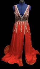 Hebeos Juniors 9 Red/Silver Formal Long V-Neck Open Back Beaded Sequin Gown