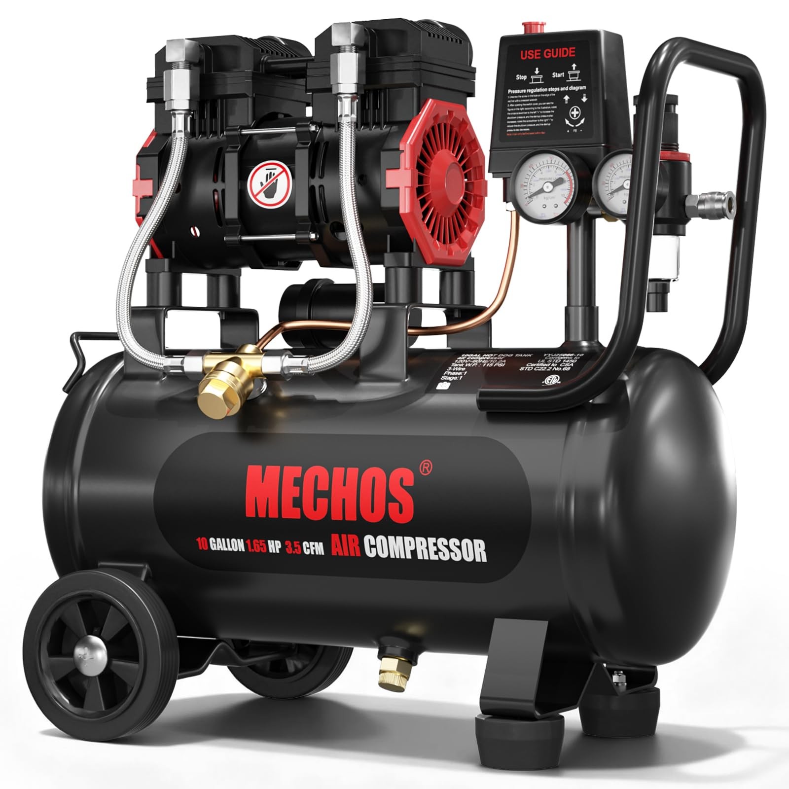 10 Gallon Ultra Quiet Air Compressor, 1.65 HP 3.5 CFM@115 Max PSI Air Compres...