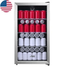 115-Can Beverage Fridge Cooler Stainless Steel Compact W/ Handle Glass Door Hot