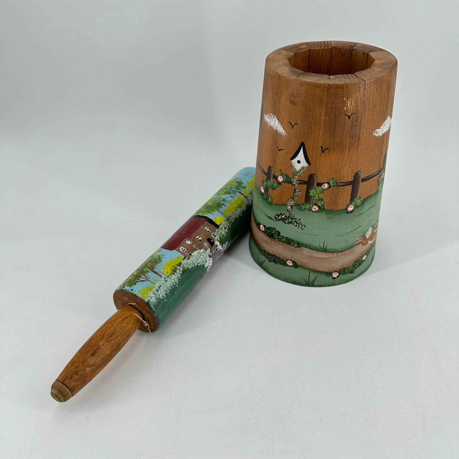 Handpainted Wooden Rolling Pin and Crock Set Country Farmhouse Folk Art Bunnies
Opens in a new windo