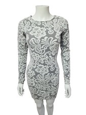 River Island Bodycon Mini Dress UK 8 Grey White Floral Lace Print Long Sleeve
