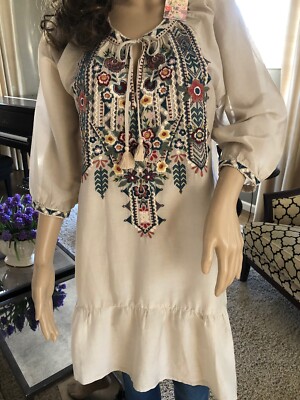 NEW JOHNNY WAS RAQUEL PEASANT SILK EMBROIDERED DRESS TUNIC BOHO SMALL  MEDIUM | eBay UK