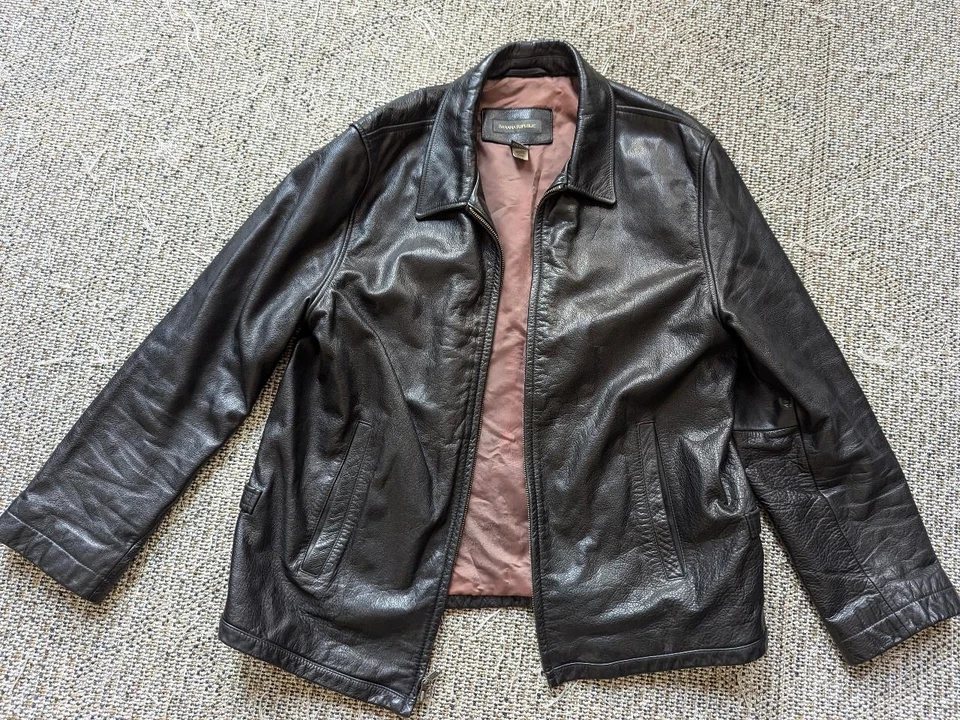 Chaqueta de cuero vintage años 90 negra BANANA REPUBLIC cuero XL cuero de vaca MOTOCICLETA Harley Foto 4 de 4
