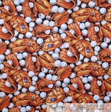 BonEful Fabric  Cotton Quilt Brown Blue Red White Baseball Glove Boy Team SCRAP