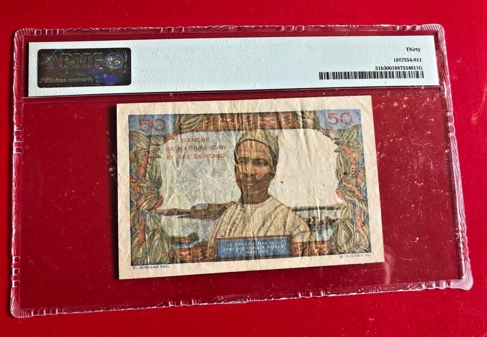 1961 MADAGASCAR INSTITUT D'EMISSION 50 FRANCS 10 ARIARY PICK# 51b PMG 30 FINE - Image 2 of 2