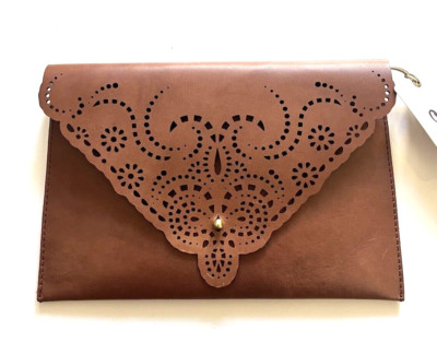 NWT $ 158 HOBO Genuine Leather Laser Cut Brown Clutch Purse Wallet