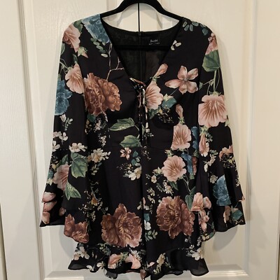 REVOLVE Bardot Black Floral Ruffle Amelia Playsuit Romper Long Sleeve Size  M