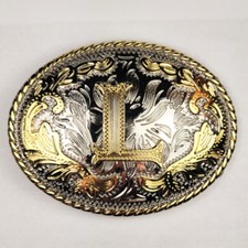 Oval Western Engraved Style Initial L Cowboy Belt Buckle