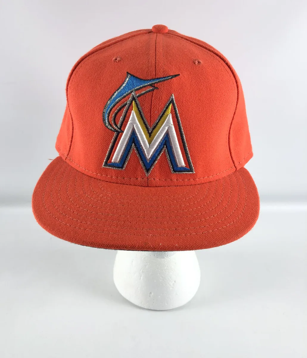 Miami Marlins New Era 5950 Fitted Baseball Hat Orange Fish Logo USA Size 7  1/2