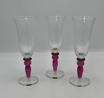 3x Pottery Barn Champagne Flutes Controlled Bubble Glasses With Pink Stems
