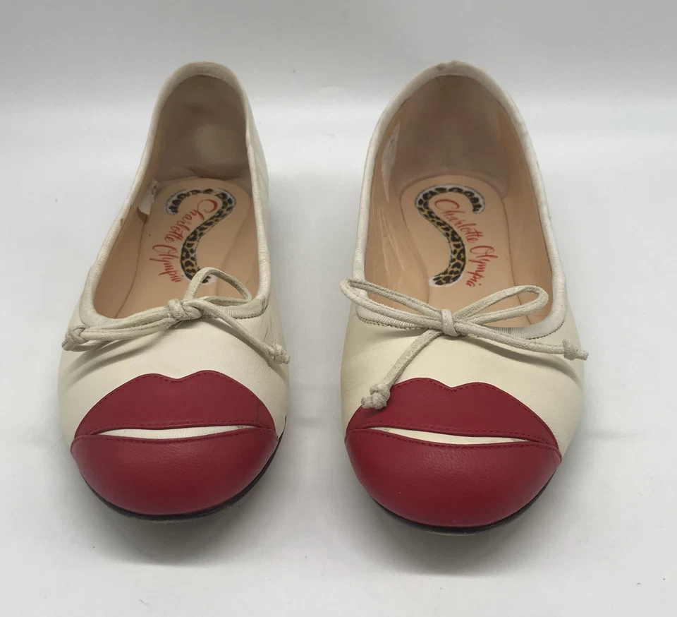 Charlotte Olympia off-white red kiss me darcy calf skin lip flats sz 37 Foto 2 de 4