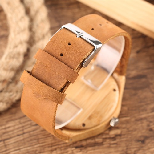Relojes informales de cuarzo de bambú para hombres y mujeres con correa de cuero y madera reloj de pulsera regalo barato - Imagen 4 de 11