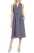 ANNE KLEIN Navy Blue White Print Abbess V-Neck Drawstring Waist Dress XS = 0/2