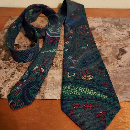 Vintage Yves Saint Lauren Tie Mens 57x3 Wool Silk Blend Paisley Colorful Green - 第 4/8 張圖片