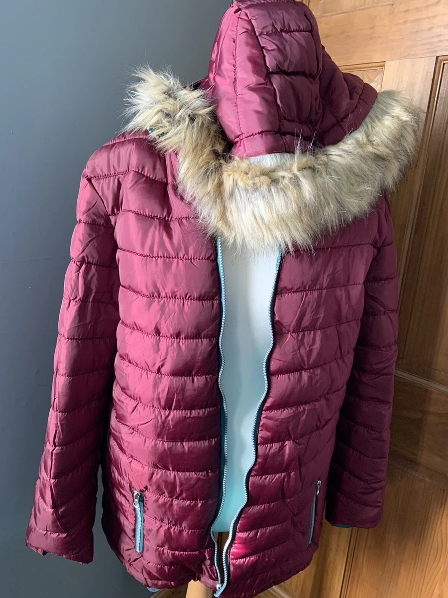 lee cooper green wine Reversible Padded jacket fur trim Hood size L