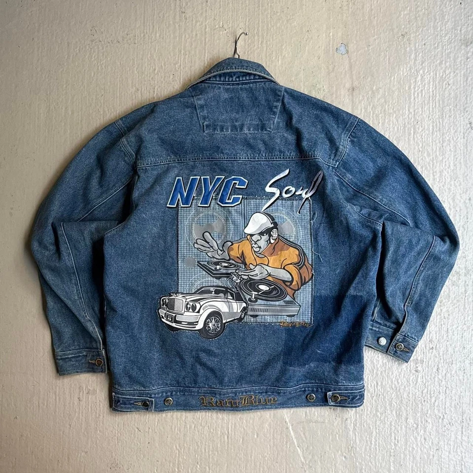 Chaqueta vaquera azul crudo Y2K DJ Denim para hombre XL música hip hop Foto 3 de 4