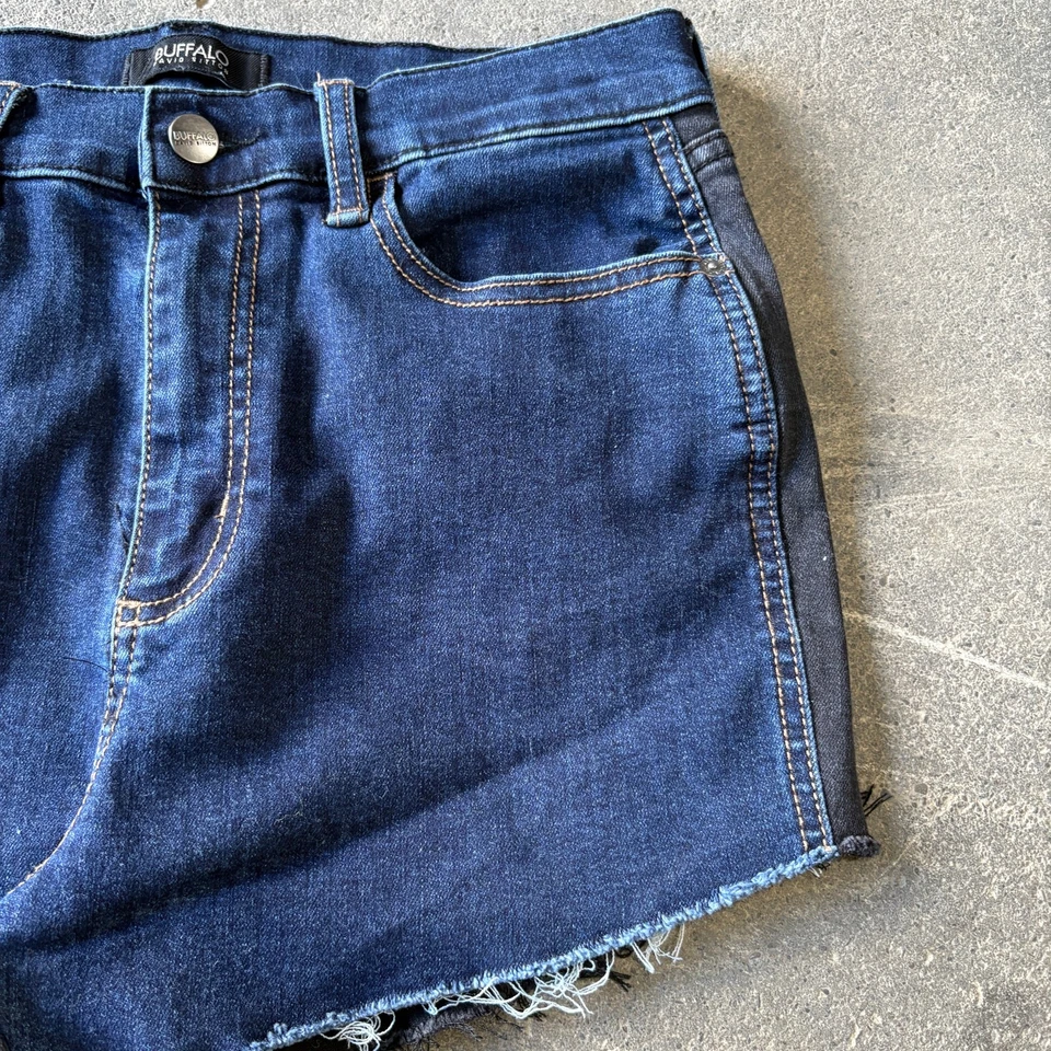 Cut Off Denim Jean Shorts Size 30 Blue Black High Waist Buffalo Stretch 2" - Image 3 of 4